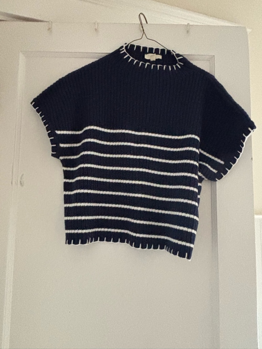 entro Navy & White Striped Short Sleeve Knit Sweater